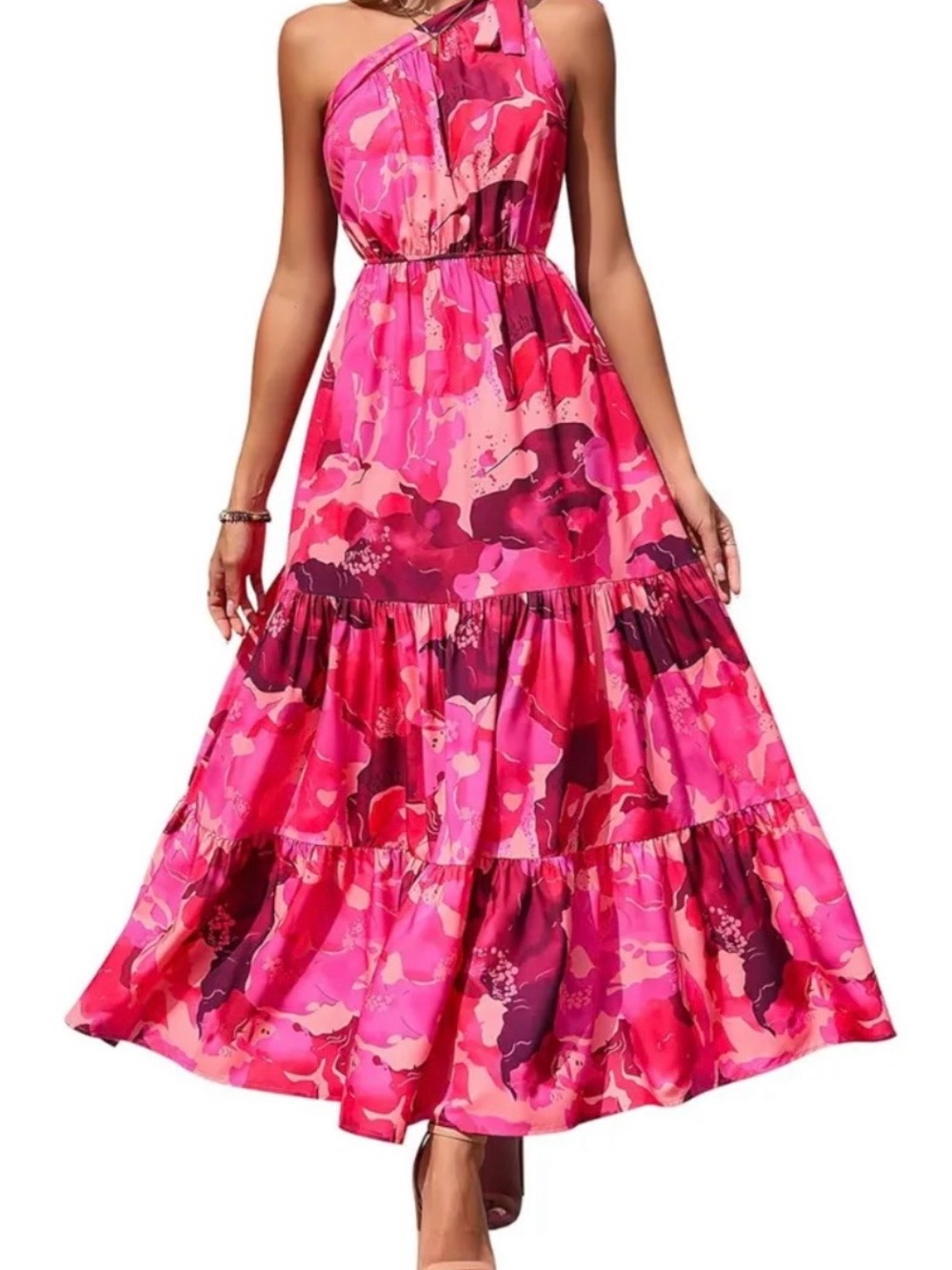 One-Shoulder Floral Tiered Midi Dress in Hot Pink - Picture 4 of 6